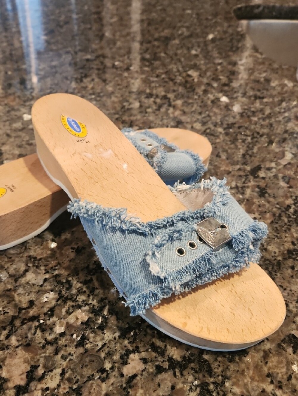 Dr. Scholl's Light Blue Frayed Denim Slide Mules - Picture 2 of 3